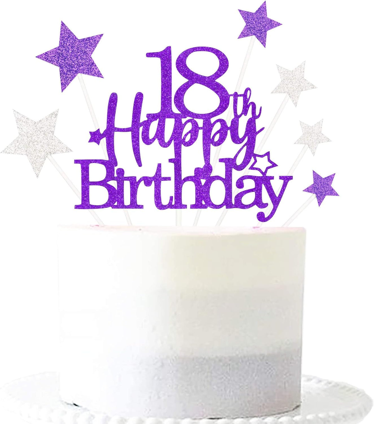 Glittery 18th Happy Birthday Cake Topper with Star,Personalised 18 Birthday Cake Toppers Party Decorations Party Supplies for Boys Girls Purple Silver