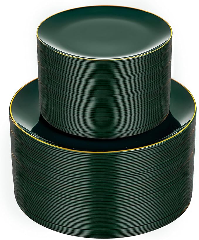 bUCLA 100PCS Green Plastic Plates - Heavy Duty Green Disposable with Gold Rim Include 50 Dinner 10 inch & 50 Dessert 7 inch Plates, Ideal for Party & Christmas