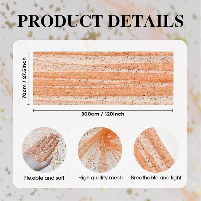 Artoid Mode 3PCS Orange Gold Gauze Table Runner 120 Inch 10FT, Glitter Metallic Foil Sheer Dining Wedding Anniversary Holiday Table Decor for Home Party