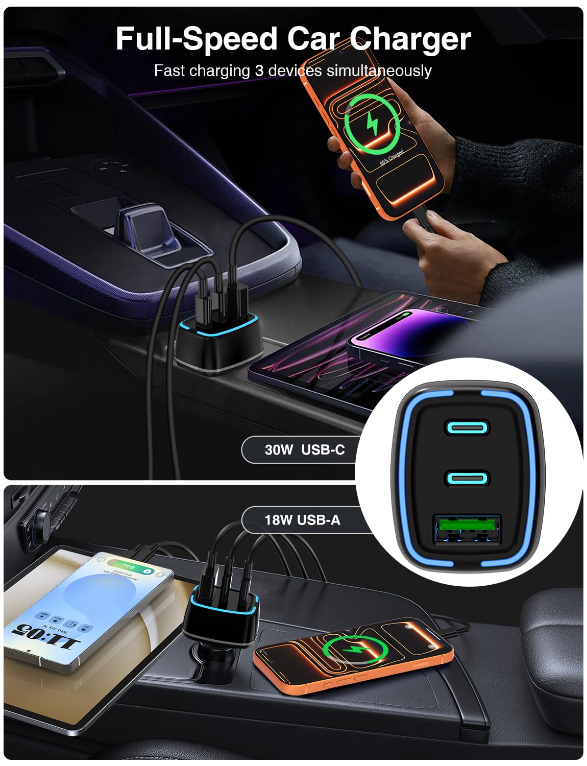 QZVOO 75W USB C Car Charger, 3-Port Super Fast Charging Cigarette Lighte