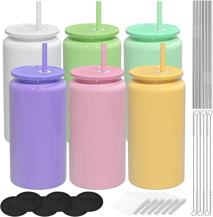 6 Pack Glass Cups With Lids and Straws, 16oz Stainless Steel Cup for Beer, Iced Coffee, Smoothie, Whiskey, Soda, Tea, Water - Sublimation With Coaster