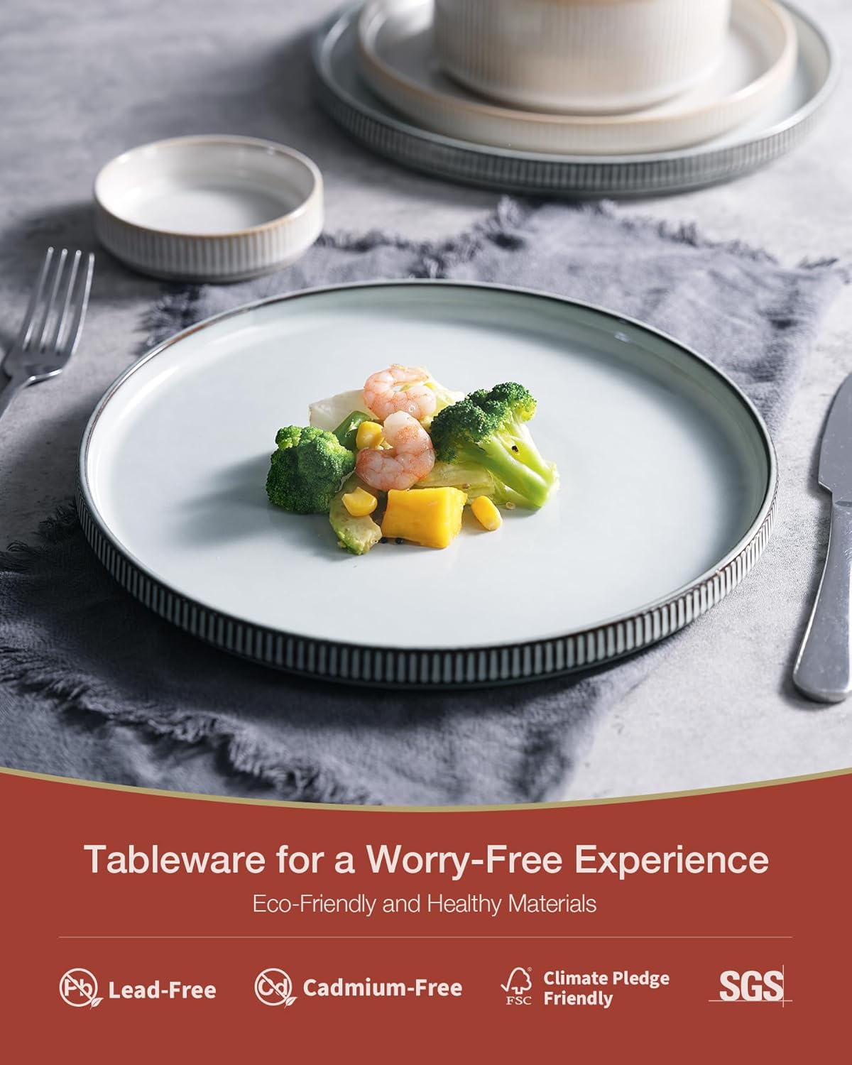 Famiware Star Dinnerware Set, Plates and Bowls Sets for 4 (12pcs), Ribbed Stoneware Dishes - Chip & Scratch Resistant, Microwave & Dishwasher Safe, Multicolor - Cappuccino White & Smoky Blue
