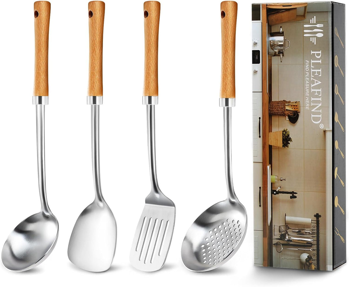 Pleafind 4-Pcs Cooking Utensils Set, Stainless Steel Kitchen Utensils with Wooden Hanlde, Kitchen Essentials Set Include Wok Ladle, Slotted Spoon, Wok Spatula and Slotted Spatula, Dishwasher Safe