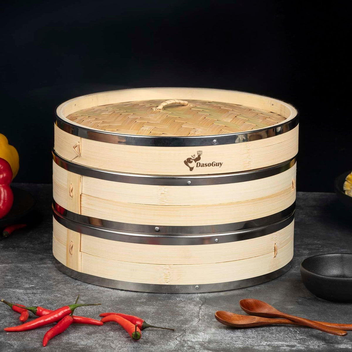 Bamboo Steamer Basket, Stainless Steel Reinforced Rim, 12-Inch 2-Tier Steamer for Cooking, 50 Liners Chopsticks Sauce Dish Dumpling Makers, Steaming Asian Food Bao Buns Dim Sum Rice Veggies Steam Pot