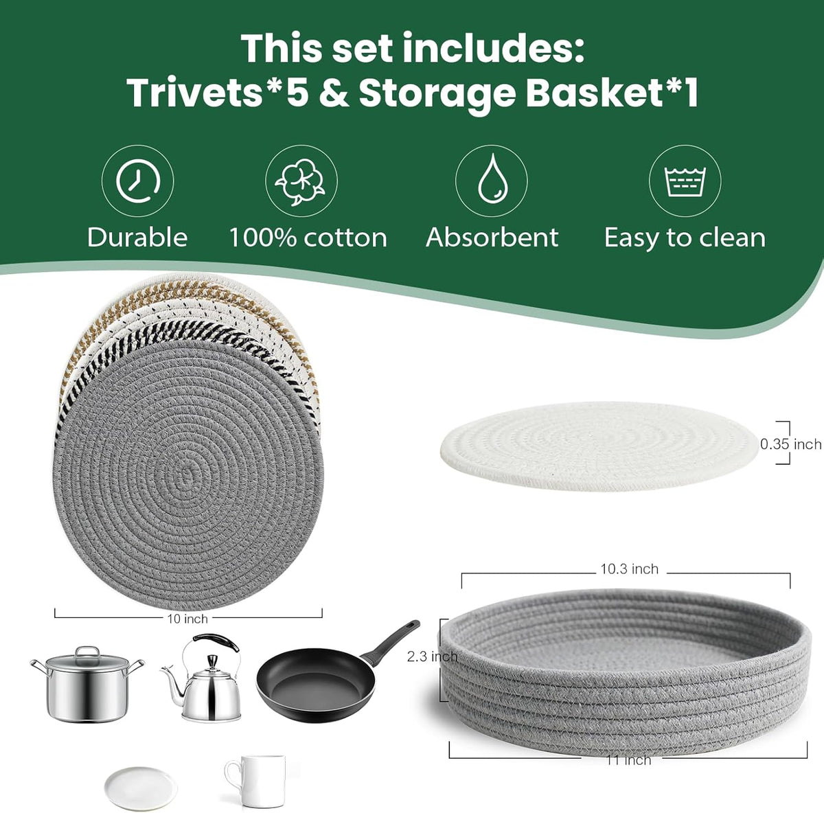 RIOOP 10 Inches Trivets for Hot Dishes, Pots and Pans with Storage Basket, 5 Heat Resistant Large Coaster for Kitchen, Hot Pads Mats for Countertops Table Kitchen Essentials Farmhouse Halloween Decor
