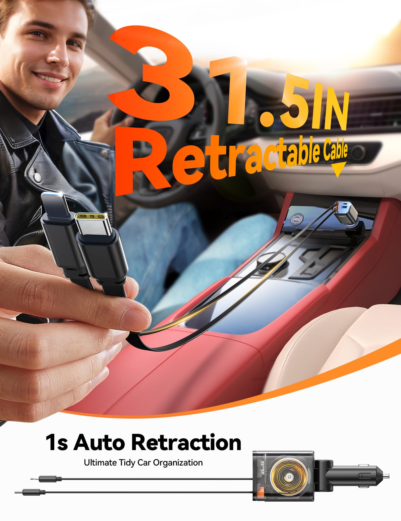 JOYROOM Retractable Car Charger 84W Car Charger USB C Fast Charge 4 in 1