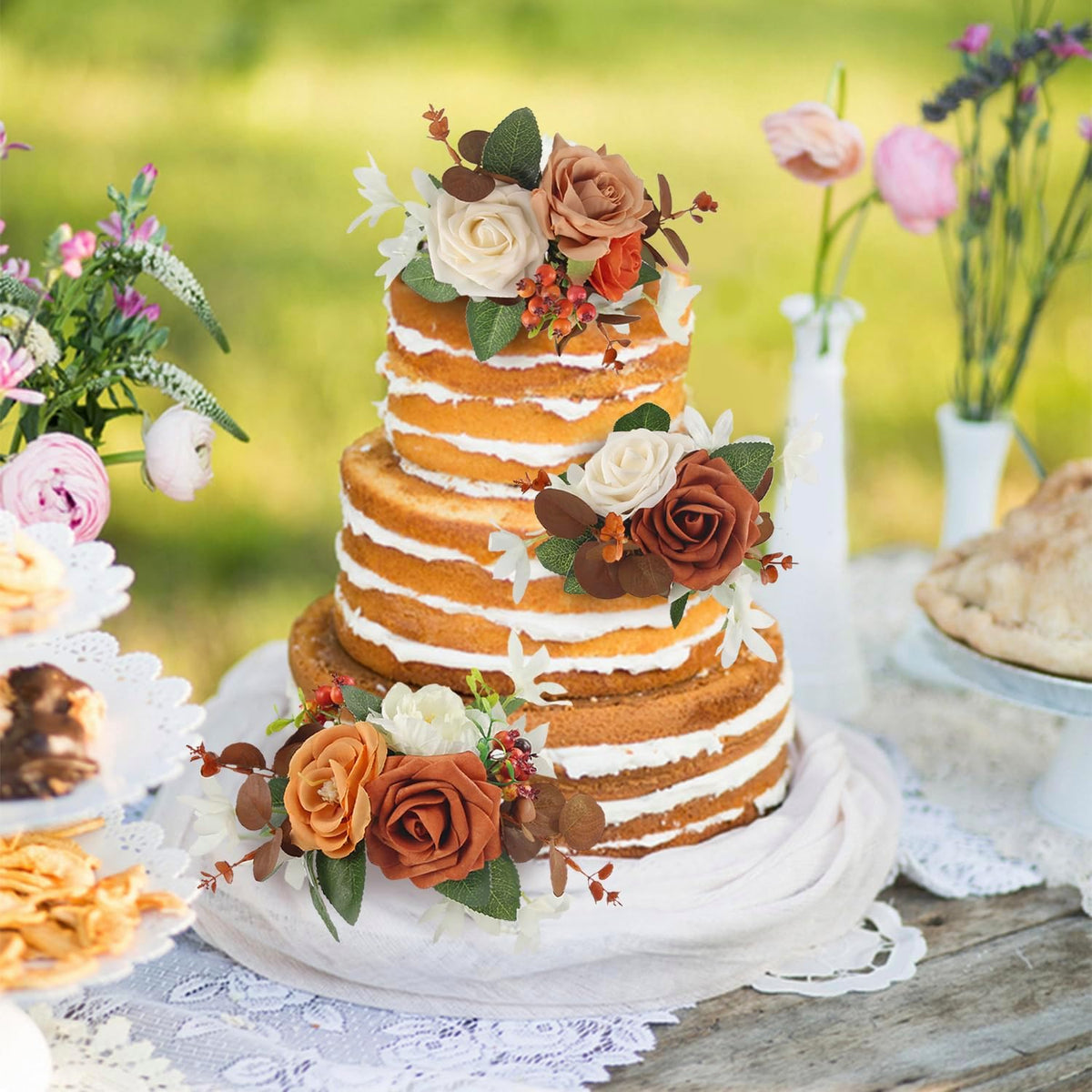 Rinlong 3Pcs Cake Topper Set Artificial Flowers for Cake Decor Burnt Orange Fall Wedding Cake Decorating Flowers for Baby Shower Birthday Party