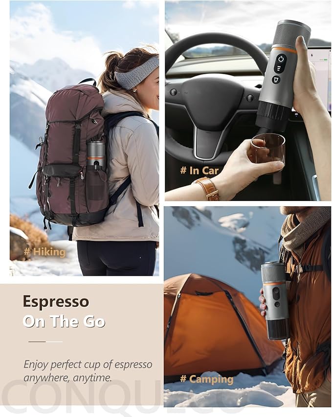 CONQUECO Portable Espresso Machine Travel: 12v Car Coffee Maker for Camping - Small Electric - 2.5 Mins Heating - 8 Cups Espresso for One Charge