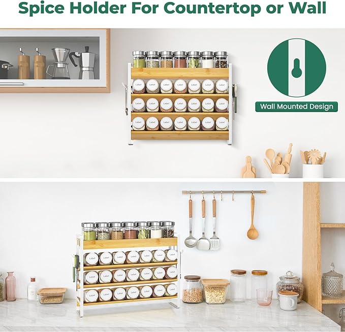 EsLuker.ly Spice Seasoning Rack Organizer Kitchen Countertop, 4 Tier Bamboo Spice Shelf Holder Storage with 4 Hooks, Wall Mounted Freestanding Stand for Pantry, Bamboo-White(Jars Not Included)