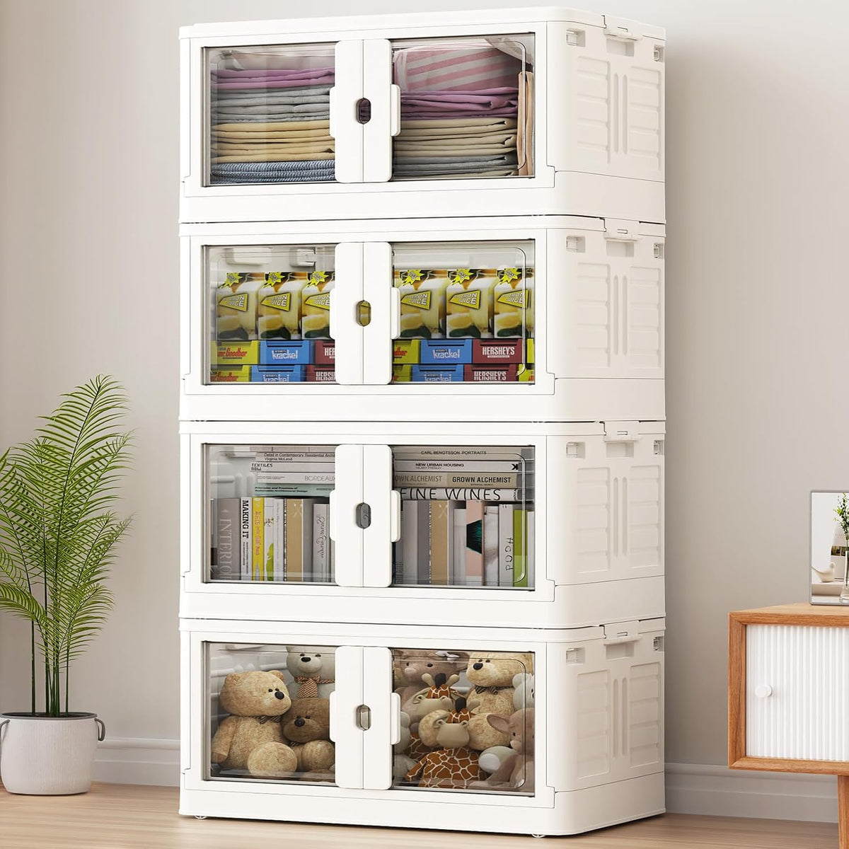 460Qt Stackable Storage Bins with Individual Lids & Wheels, Large Plastic Collapsible Latching Boxes Closet Organizers and Storage Cabinet Shelves Units for Home Kitchen Dorm, 4-Pack White