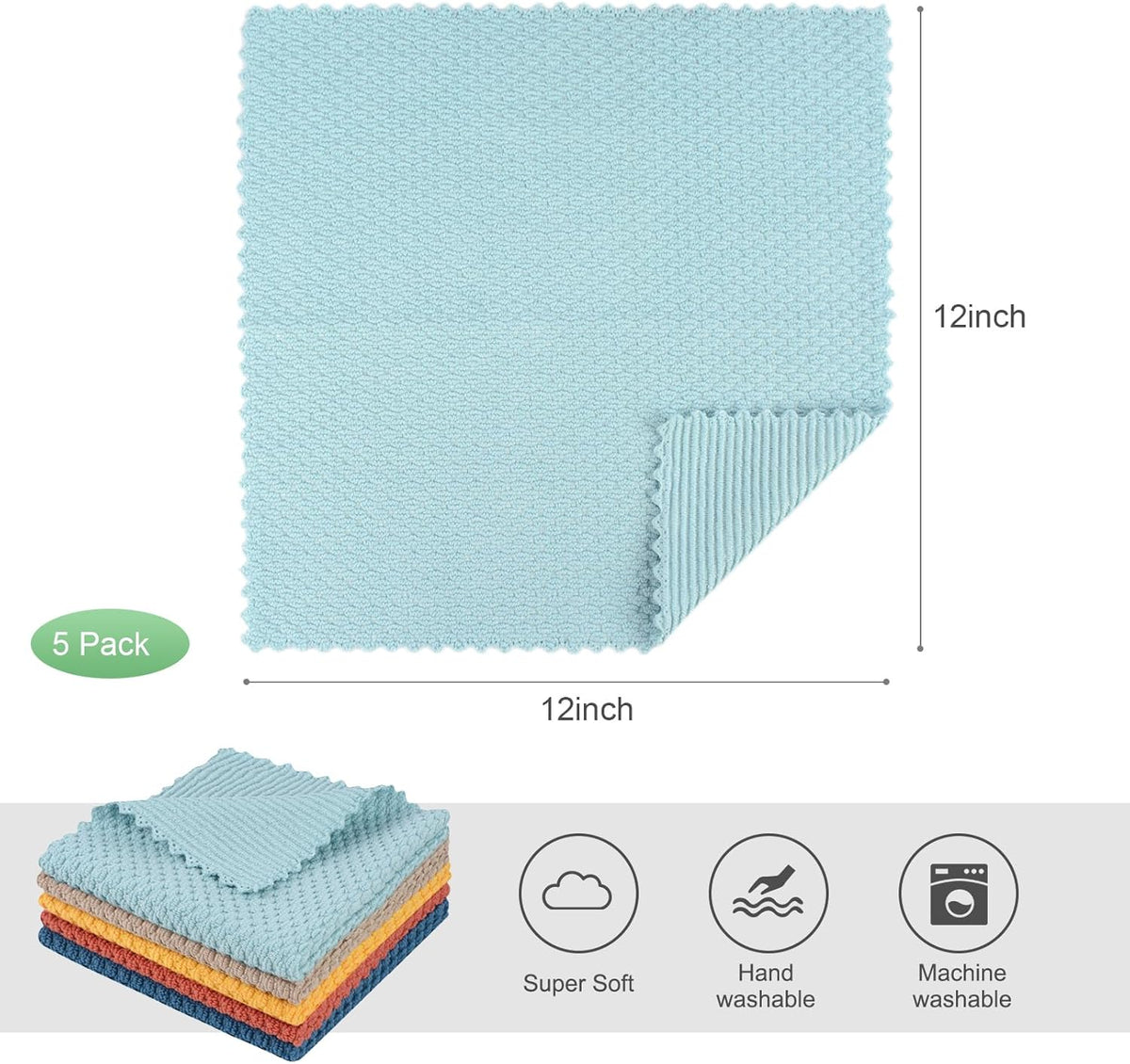 SINLAND Microfiber Dish Cloth for Washing Dishes Rags Best Kitchen Washcloth Cleaning Cloths with Poly Scour Side Popcorn Texture 5 Color Assorted 12Inchx12Inch 5 Pack