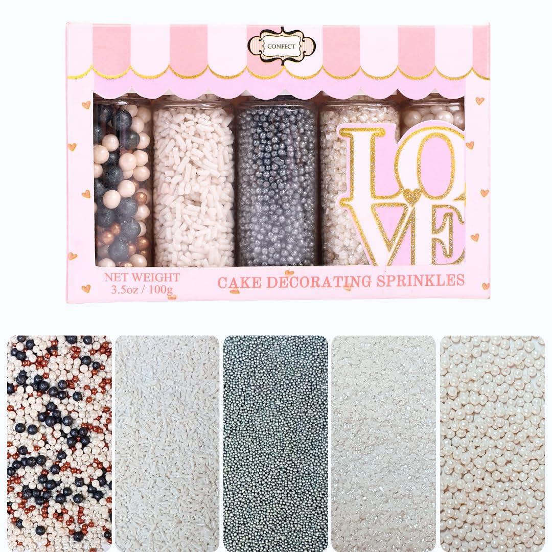 Confect White Sprinkles | Sprinkles for Cakes & Cupcakes Decoration | Assorted pack of 5 | Mix Black, Bronze & White Dragees Pearl , Jimmies & Sparkling Sugar | Vegan, Gluten-Free, Nut-Free, Soy-Free, Dairy-Free, Palm Oil-Free- 5 Oz