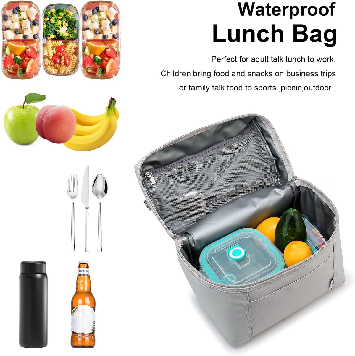 NOL Natural Organic Lifestyle Insulated Lunch Bags for Women Cooler Bag Lightweight Nylon Waterproof Lunch Box For Work (Small，Gray White)