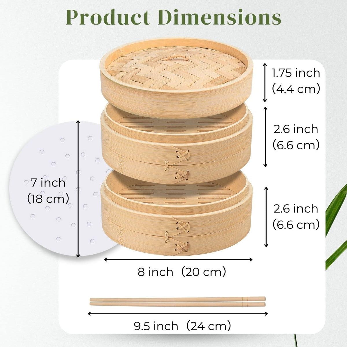 Flexzion Bamboo Steamer Basket Set (8 inch), 50 x Steamer Liners and 2 Pairs of Chopsticks, Steam Baskets for DimSum Dumplings, Rice, Vegetables, Fish and Meat