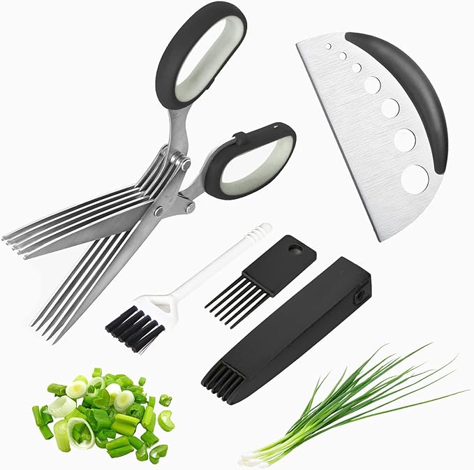 Herb Scissors Salad Scissors, Upgrade Herb Scissors with 5 Blades and Cover + 2 Brush, Kitchen Salad Scissors with Herb Stripping, Multi Scissors Herb Cutter, Smart Cutter Food Scissors Chopper, Black