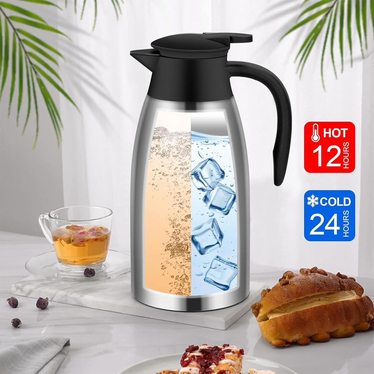 70oz Thermal Coffee Carafe Insulated Coffee Thermos,Stainless Steel Thermos Pitcher,Double Walled Vacuum Insulation Coffee Carafes For Keeping Hot,Tea Water Hot Beverage Dispenser