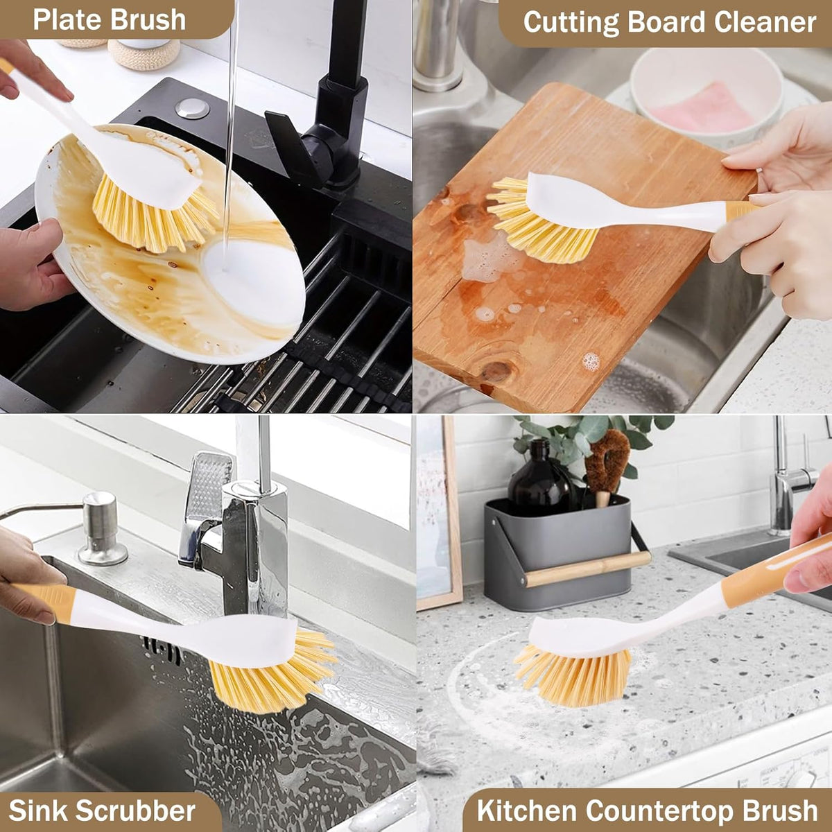 Dish Brush with Detachable Small Steel Wire Brush and Pan Scraper, Home Kitchen Scrub Brushes with Long Handle for Household Cleaning Dishes, Pots, Stovetop, Grill, Sink Scrubber (2-Pack)