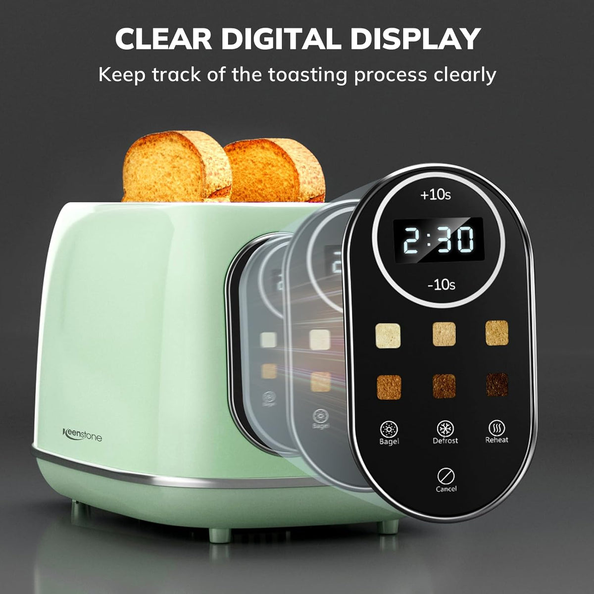 Keenstone Smart Touch Screen Toaster 2 Slice, Retro Wide Slot Stainless Steel Toaster with 6 Browning Levels, Reheat & Defrost, for Bagel, Toast, Bread, Removable Crumb Tray, Green
