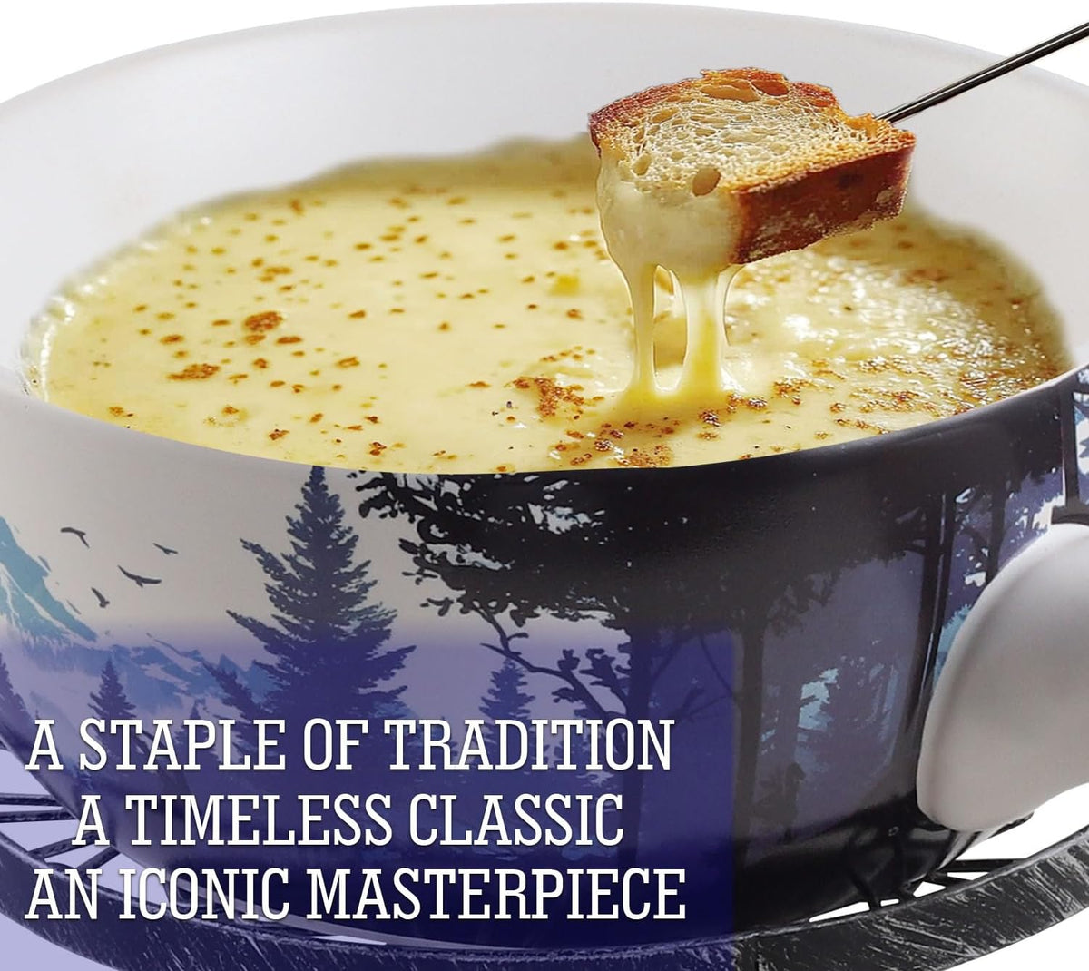 Artestia Serene Summits Swiss Design Fondue Set for Party - 2L Large Capacity Ceramic Fondue Pot Melting Cheese, Chocolate, 6 Fondue Forks, Fondue Party, Wedding Gifts