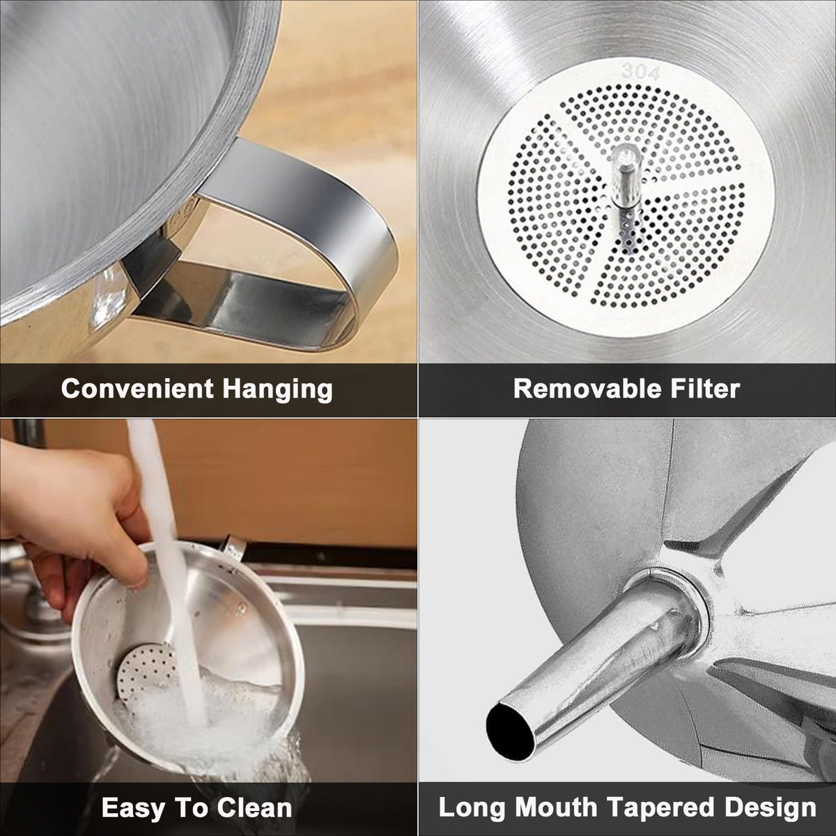 Stainless Steel Funnels for Kitchen use,3PCS Large Kitchen Metal Funnel with 2 Removable Strainer,Cleaning Brush,200 Mesh Food Filter,Funnel for Filling Bottles,for Transferring of Liquid,Oils,Jam