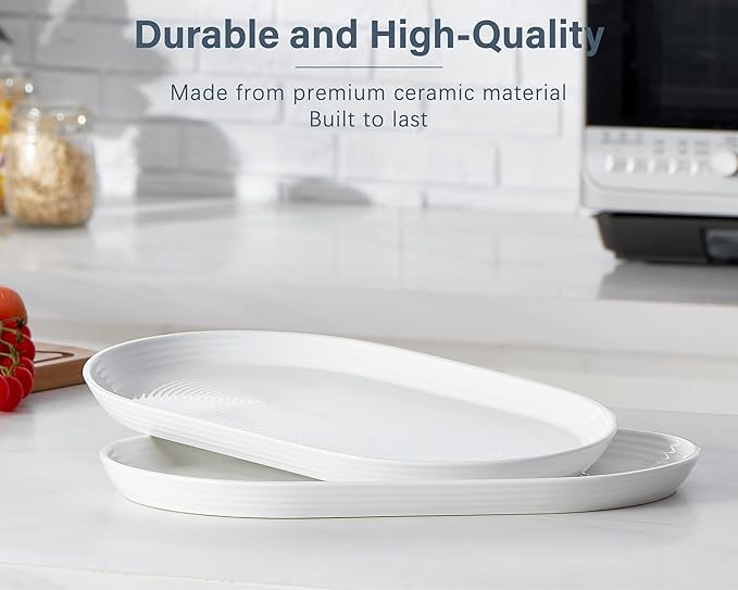ONEMORE 16 Inch Ceramic Serving Plates for Entertaining, Set of 2 Large Oval Dinner Plates- Dishwasher Oven Safe Serving Tray for Food Meat Fish Parties- Porcelain Thanksgiving Turkey Platters - White
