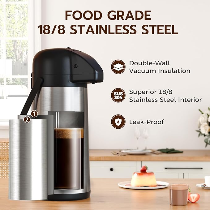 Coffee Carafe for Keeping Hot - Gezoss 102OZ / 3L Airpot Coffee Dispenser with Pump - Large Coffee Carafe for Hot Drinks Tea Liquid - Insulated Stainless Steel Hot Water Beverage Urn for Parties