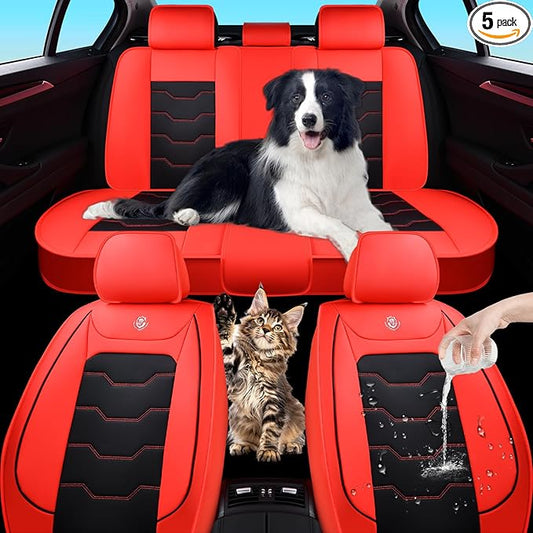 Red Car Seat Covers Complete Set, Universal Car Seat Covers for Cars, Premium Waterproof Leather, Protect & Upgrade Car Interiors, Airbag Compatible, Easy to Install & Clean Up