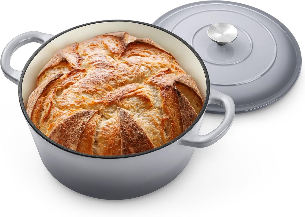 P&P CHEF 5QT Enameled Dutch Oven, Cast Iron Dutch Oven Pot with Lid for Bread Baking, Enameled Casserole Pot for Roasting Braising Stewing Frying Simmering, Various Stoves & Easy Clean, Grey