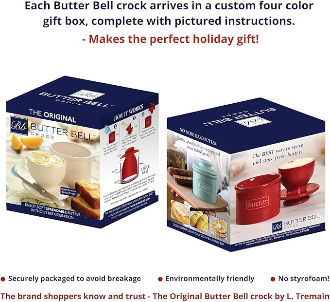 Butter Bell - The Original Butter Bell crock by L Tremain, a Countertop French Ceramic Butter Dish Keeper for Spreadable Butter, Café Retro & Petite White Gift Set