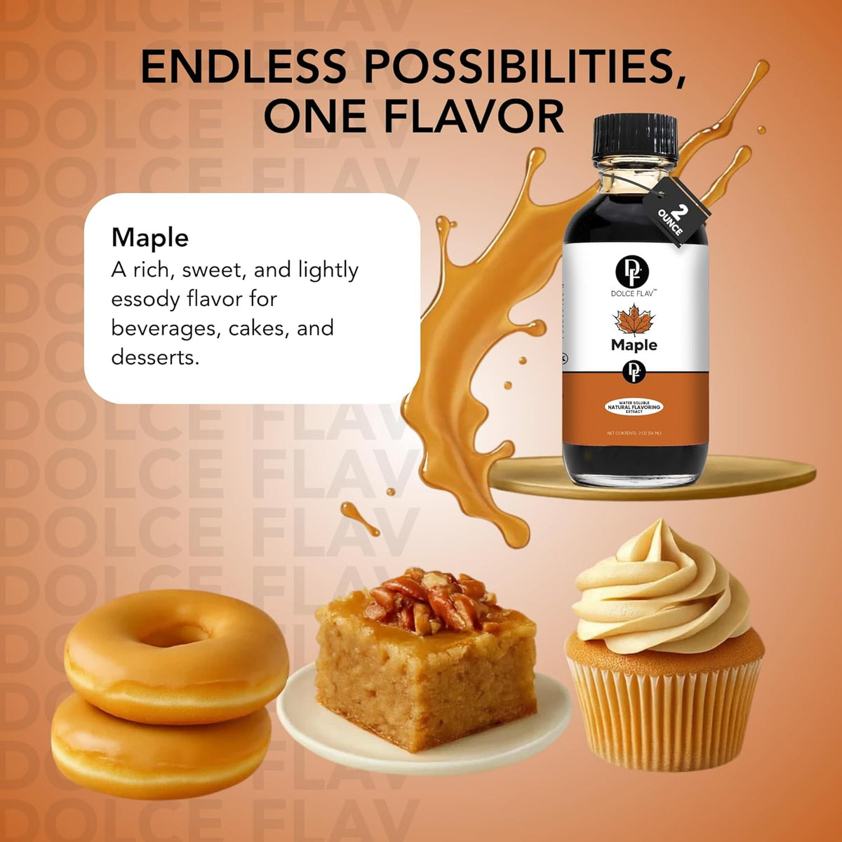 Dolce Flav Maple Extract - 2 Ounce Water-Soluble Multipurpose Flavoring Ideal for Baked Goods, Beverages, Coffee, Desserts & Ice Cream - Perfect Kitchen Gift for Holidays