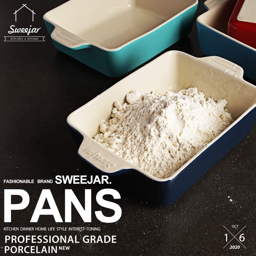 Sweejar Ceramic Baking Dish, Rectangular Small Baking Pan with Double Handles, 20 Oz for Cooking, Brownie, Kitchen, 6.5 x 4.9 x 1.8 Inches(Navy)