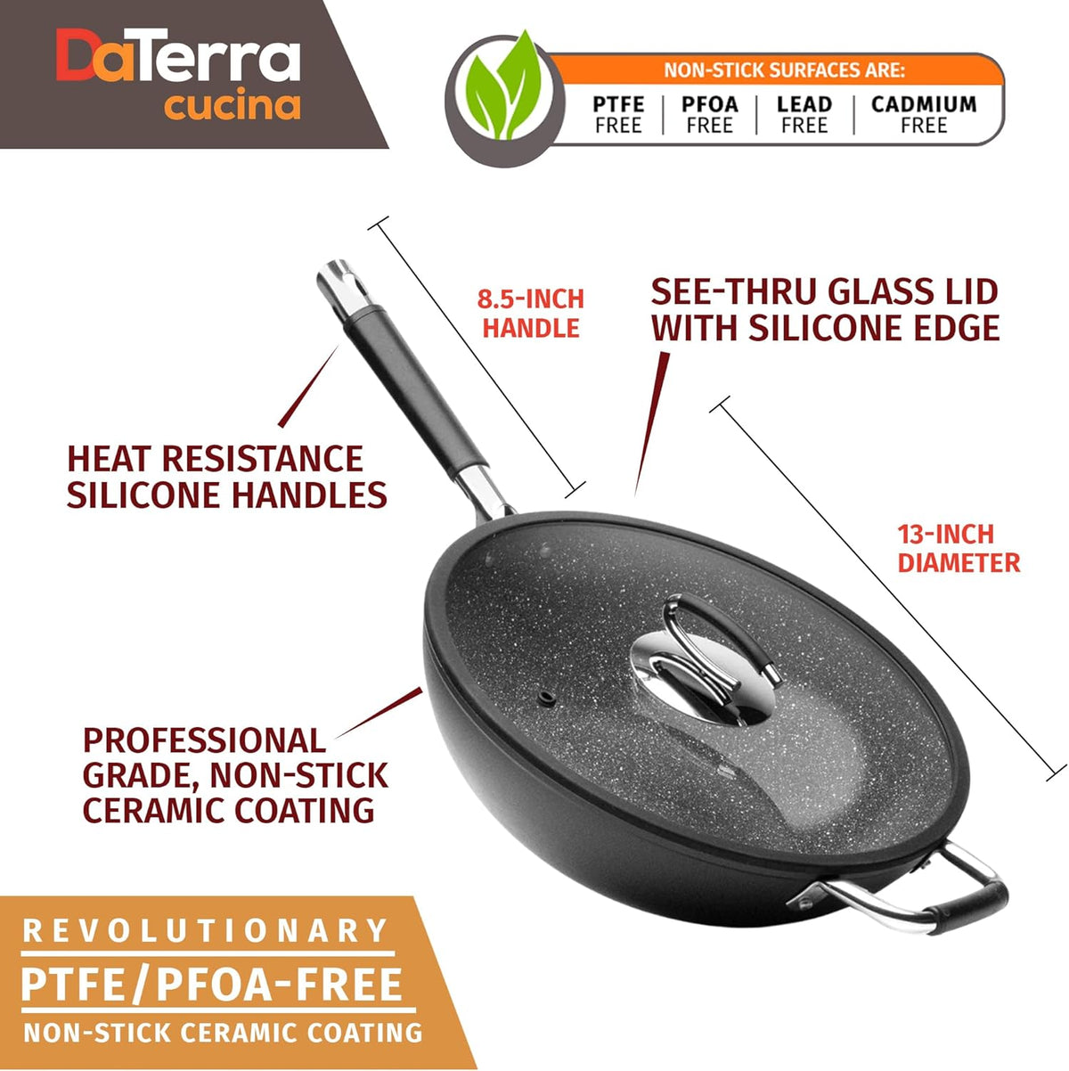DaTerra Cucina - 13" Nonstick Ceramic Wok with Lid - Made in Italy - High Heat Resistant Nonstick Cookware - Oven Safe, PTFE, Cadmium, Lead & PFOA free - Volcanic Black Speckled