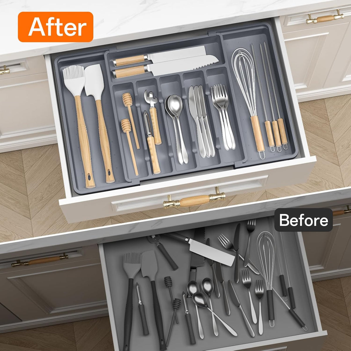 Large Silverware Organizer,Expandable Utensil Drawer Organizer,BPA Free Utensil Holder,Adjustable Silverware Tray Cutlery Drawer Organizer for Kitchen Flatware,Large,Grey,2 Pack