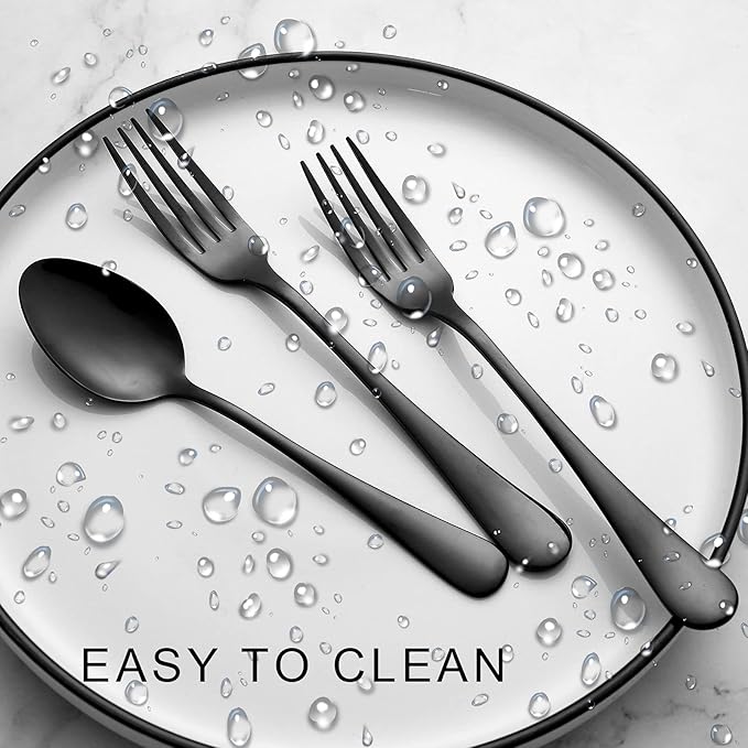 Set of 12, Stainless Steel Dinner Forks and Spoons Silverware Set, Heavy-Duty Forks (8 Inch) and Spoons (6.7 Inch) Cutlery Set, Dishwasher Safe (Black)