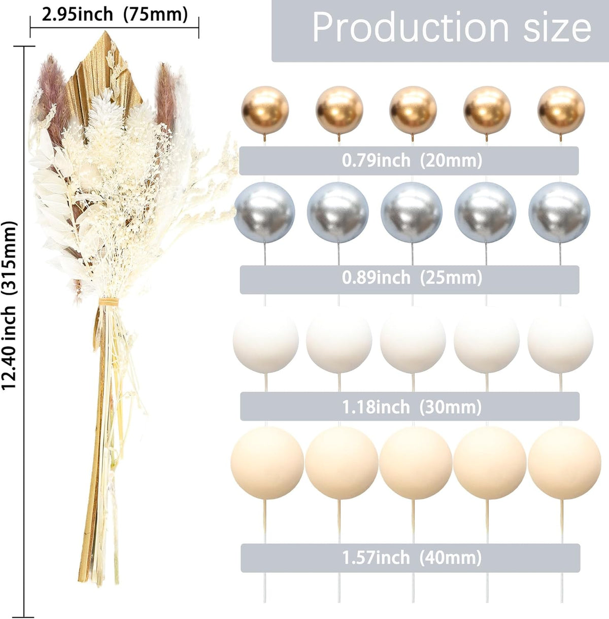 Gyufise 21 Pack Flower Boho Cake Topper Ball Cake Decorations Palm Leaves Plants Cake Decor for Girl Bohemian Princess Theme Wedding Baby Shower Birthday Party Supplies White