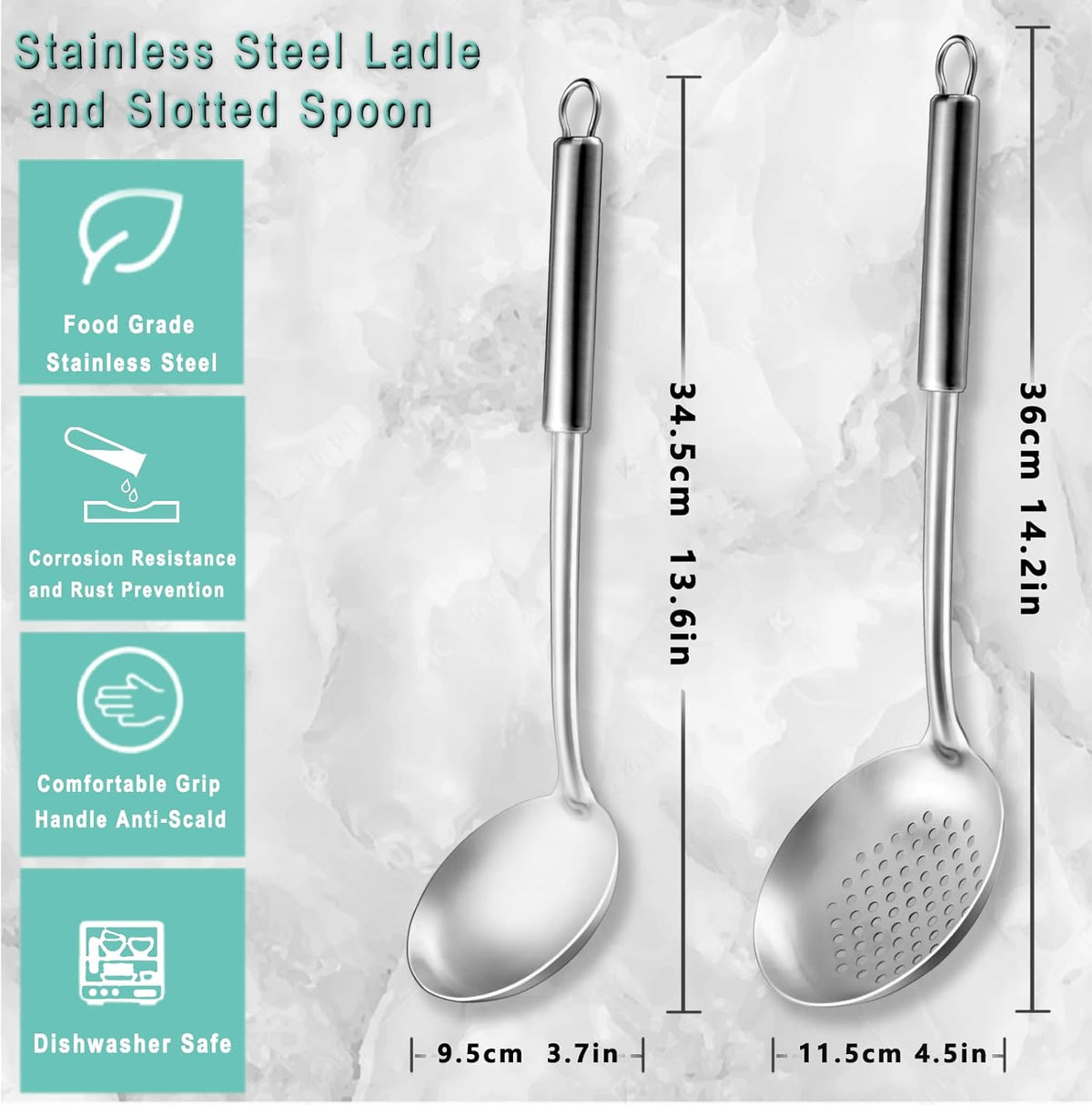 Pleafind 2-Pcs Ladle and Slotted Spoon, Soup Ladle and Strainer Spoons, Stainless Steel Cooking Spoon and Skimmer Spoons, Kitchen Utensils, Wok Utensils for Home and Restaurant, Dishwasher Safe