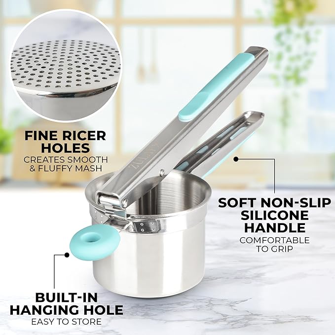 Zulay Kitchen Large 15oz Potato Ricer, Heavy Duty Stainless Steel Potato Masher and Ricer for Mashed Potatoes, Mashed Potato Masher & Potato Press Gadget for Perfect Mashed Potatoes - Turquoise