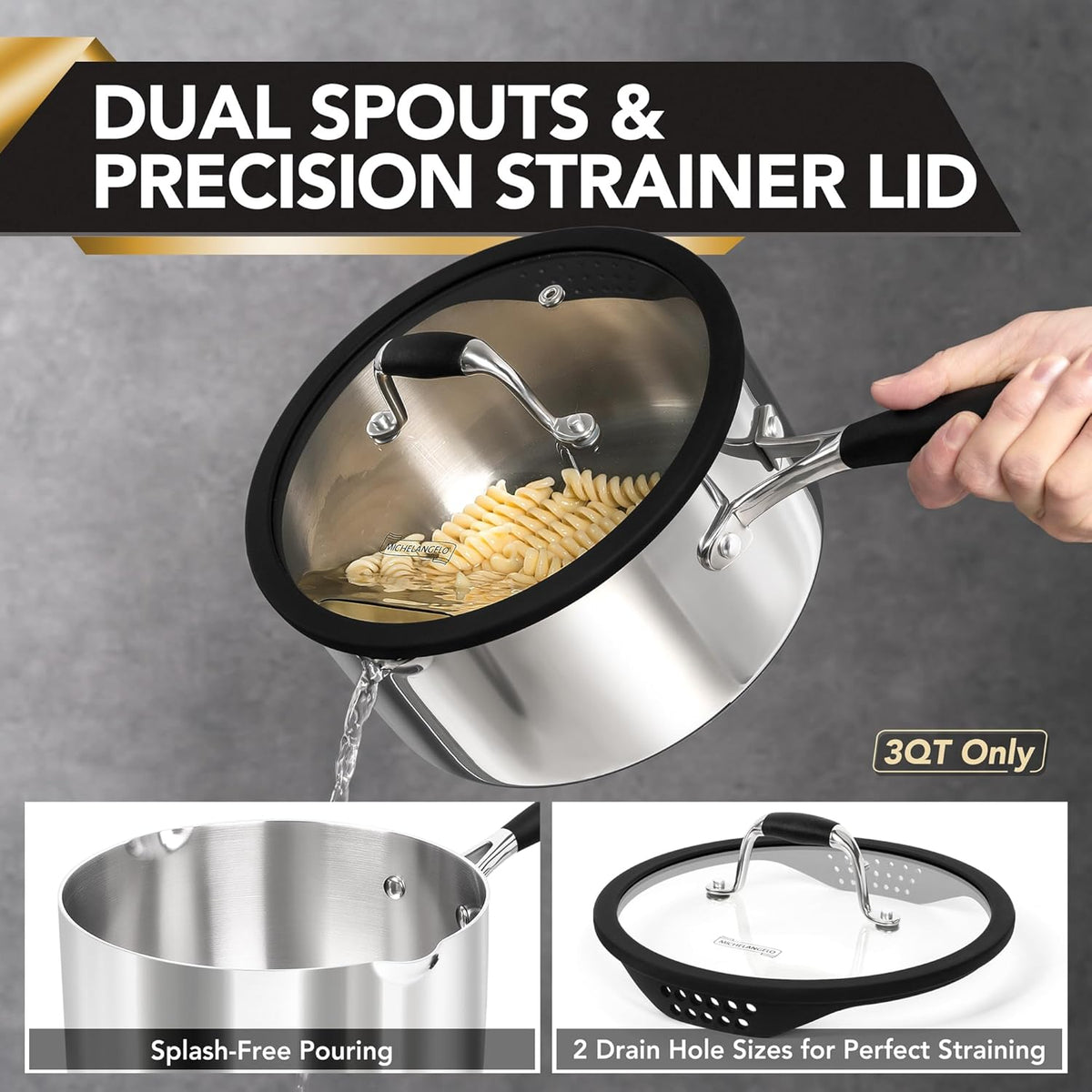 MICHELANGELO Triply Stainless Steel Saucepan Set with Strainer Lid, Heavy-duty Sauce Pan with Lid, Multipurpose Sauce Pot Induction Compatible - 1QT & 2QT & 3QT