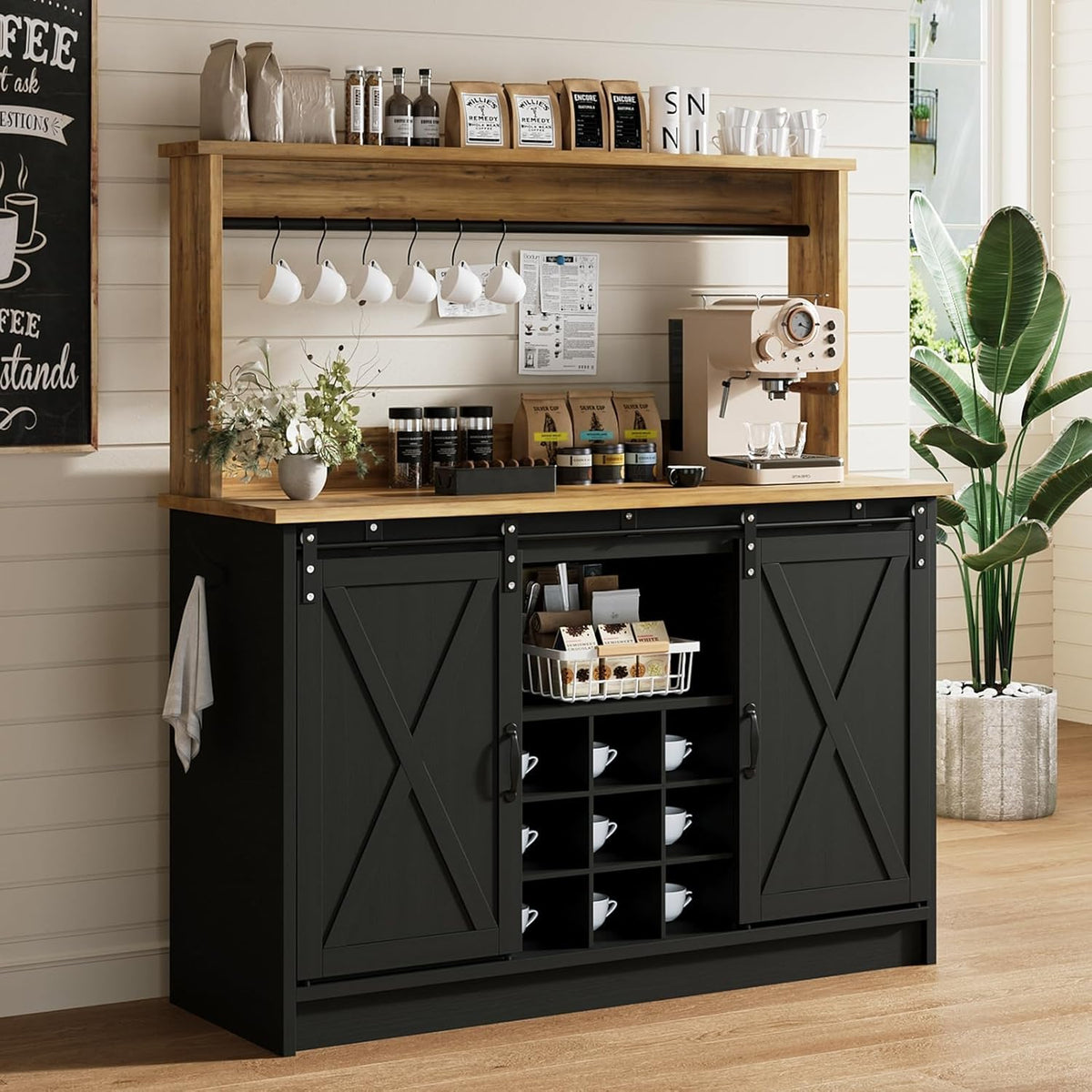 4ever2buy Farmhouse Coffee Bar Cabinet with Storage, 47'' Buffet Cabinet with Hutch and Sliding Barn Door, Coffee Bar with 9 Wine Racks and 6 Hooks for Dining Room, Living Room, Black