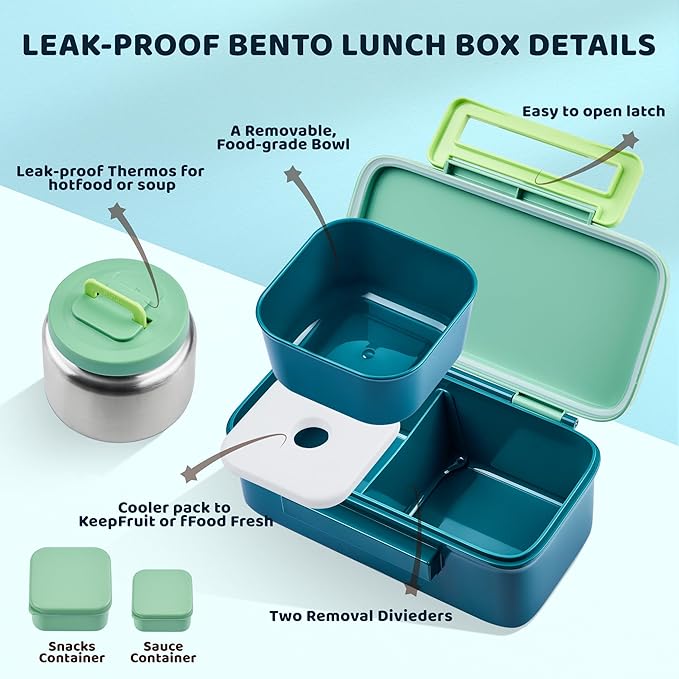 Lunch Box for Kids With 8oz Soup Thermo, Leak-proof Lunch Container with 2 Compartments, Thermo Food Jar Food Containers for Back to School Girls Boys (Green)