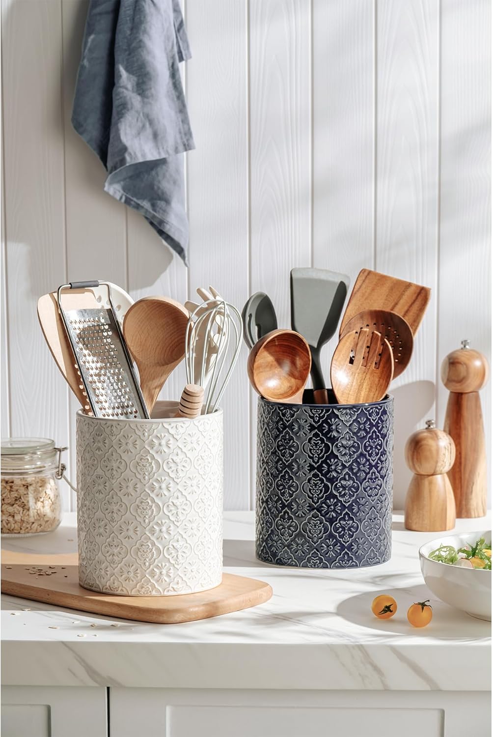 Kitchen Utensil Holder, 6x7 inch Large Ceramic Utensil Holder with Embossed Pattern, Cooking Utensil Crocks for Kitchen Countertop, Home Decor, Blue