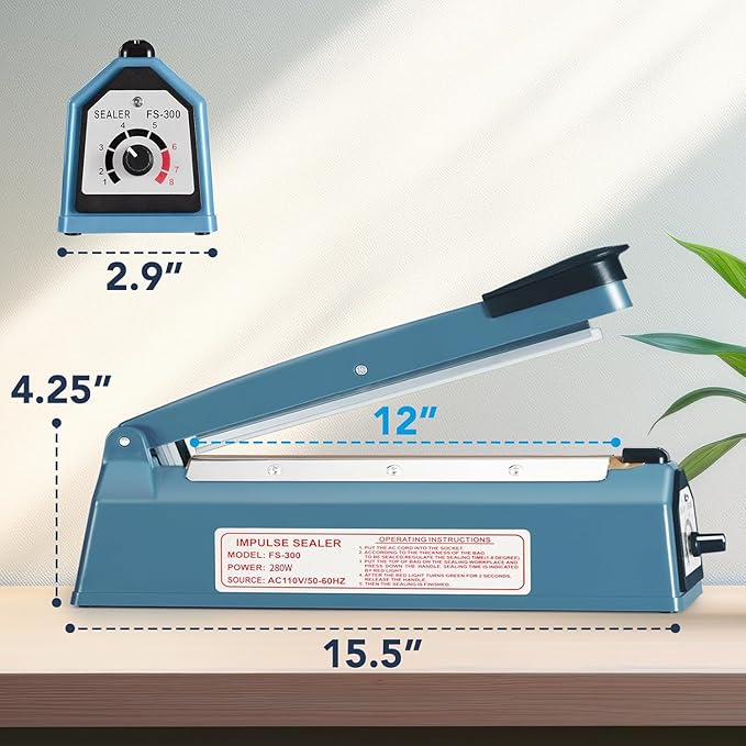 METRONIC 12 Inch Impulse Heat Sealer, Manual Bags Sealer Heat Sealing Machine Impulse, Sealer Machine for Plastic Bags PE PP Bags with Extra Replace Element Grip