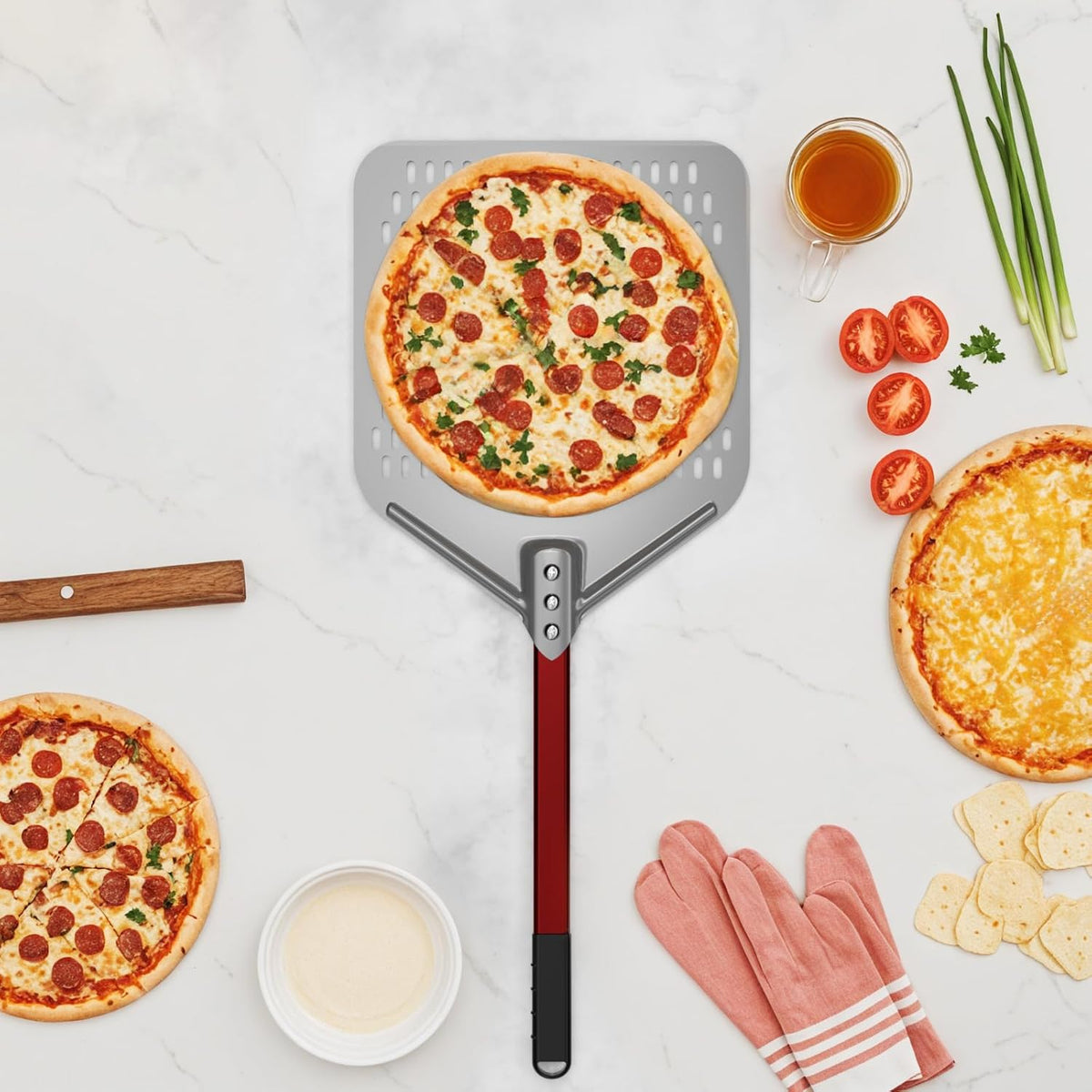 crosson 12”×16" Perforated Pizza Peel, Pizza Spatula Paddle, Lightweight Pizza Turning Peel with 16“ Long Handle, Pizza Oven Accessories, Pizza Tools, Rectangle Pizza Turner