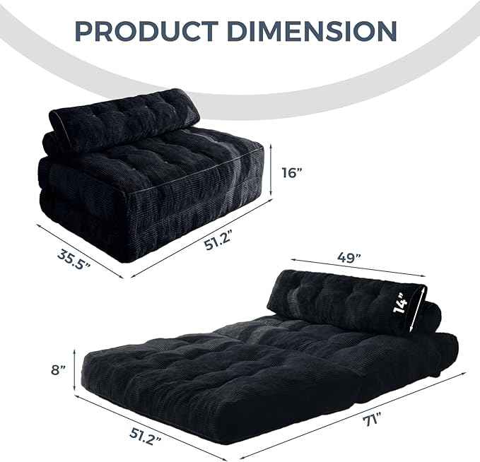 MAXYOYO Folding Sofa Bed, Convertible Sleeper Chair with Pillow Foldable Matress with Back Support, Portable Fold Out Chair Bed Comfy Floor Sofa Lounge for Living Room Bedroom, Black Double