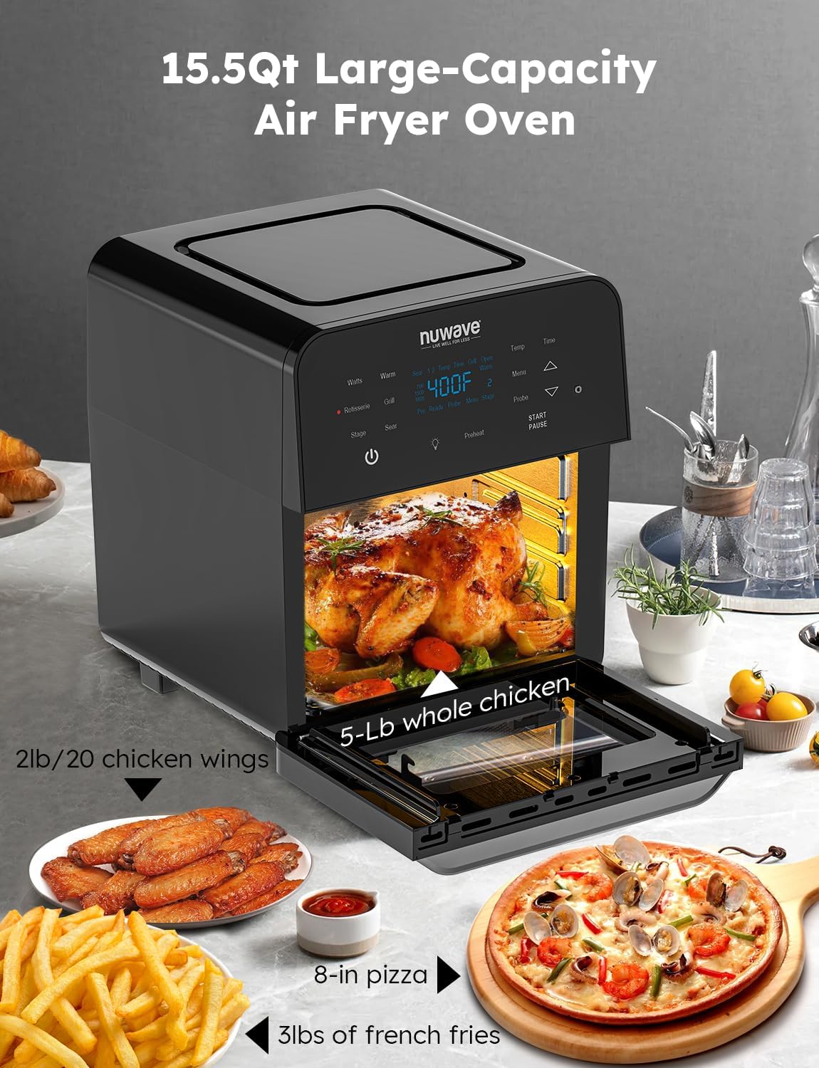 Nuwave Brio Air Fryer Oven, 15.5Qt X-Large Family Size, SS Rotisserie Basket &-Skewer Kit, Powerful 1800W, 50F-425F Temp Controls, Integrated Smart Thermometer