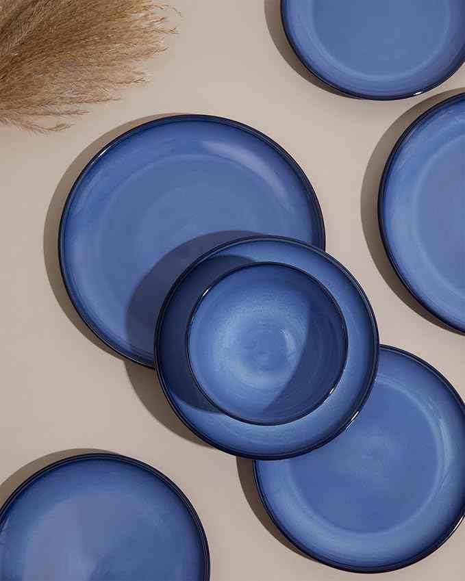Blue Stoneware Dinnerware Set, 12 pcs Reactive Glaze Plates and Bowls Sets, Handmade Round Dishes Set for 4, Highly Chip and Crack Resistant Modern Plate Set