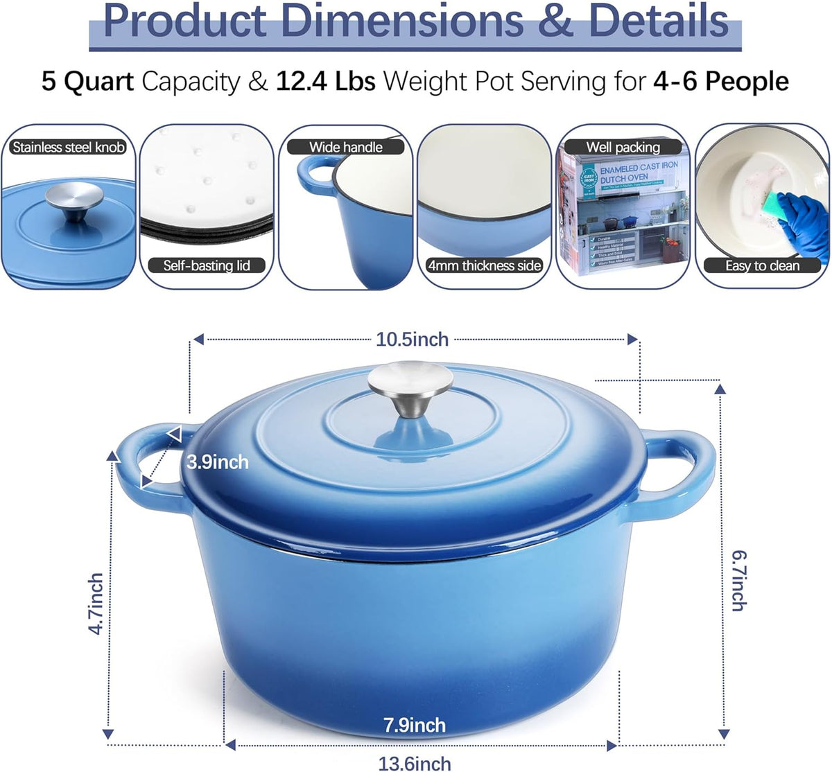 E-far Dutch Oven Pot with Lid, 5 Quart Enameled Cast Iron Round Dutch Oven Stockpot for Bread Baking/Braising/Cooking/Roasting/Stewing, Heavy Duty Nonstick Cookware Safe for Induction & Oven - Blue