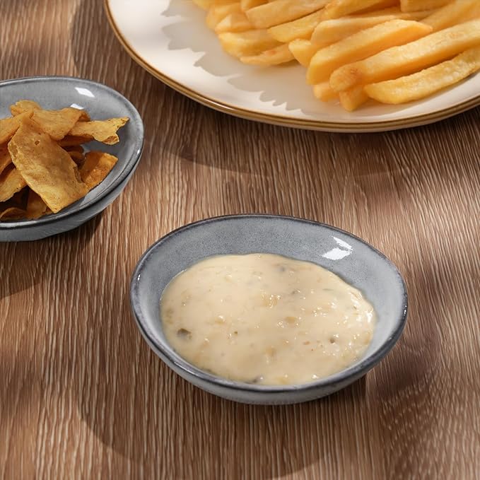 famiware Ocean Soy Sauce Dishes of 6, Oval Dipping Sauce Cups/Bowls/Dishes for Kitchen, 2.1oz Ceramic Small Bowls for Side Dish, Appetizers, Snacks, and Sushi, Reactive Glaze, Dishwasher Safe, Grey