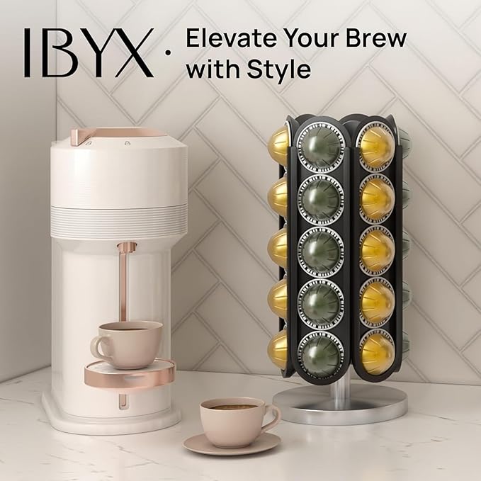 Ibyx 30-Capsule Nespresso Pod Holder – 360° Rotating Coffee Storage Stand – Compatible with Nespresso Vertuo – No Assembly, Black Wood Design
