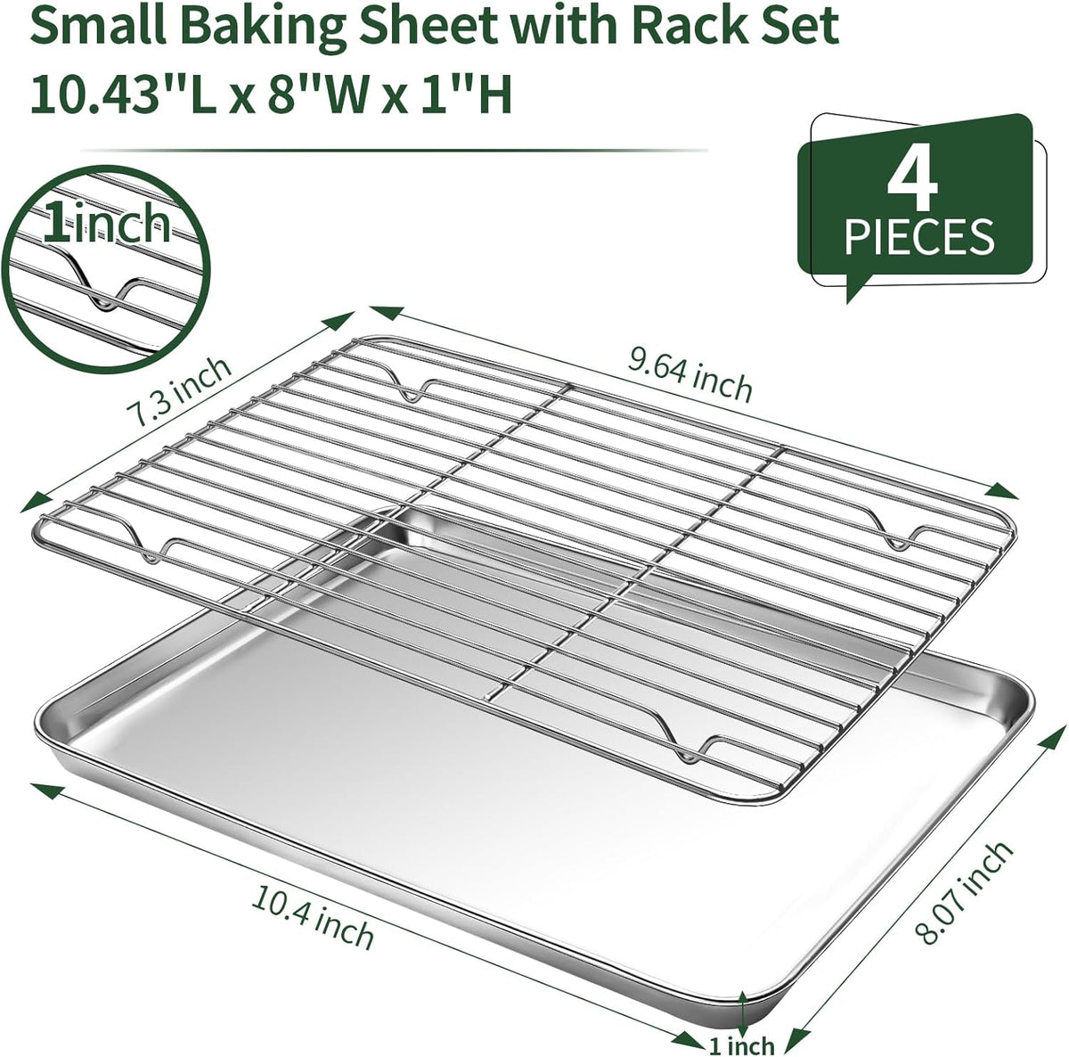 Baking Sheet with Cooling Rack Set(2 Baking Pans+2 Baking Racks), CEKEE Stainless Steel Non Stick Small Cookie Sheet Set, Size 10.39 x 8.07 x 1 Inch, Easy to Clean Small Baking Sheet with Rack Set